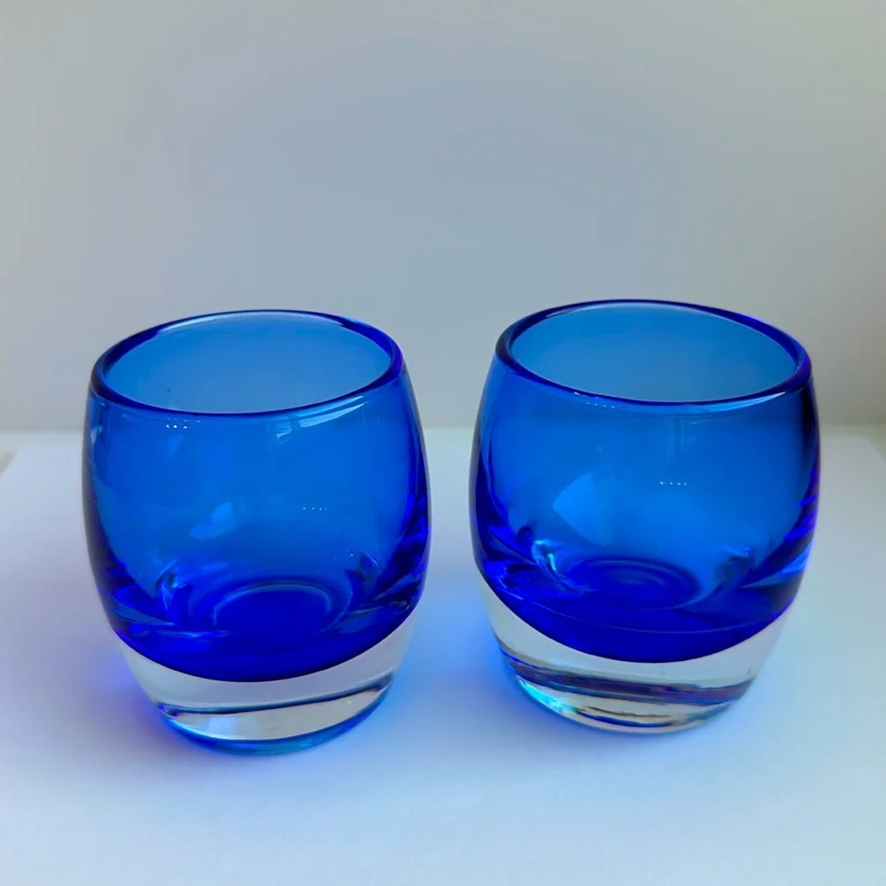 Crate & Barrel Glass Candle Holders Set of 2 Sapphire Blue Diva